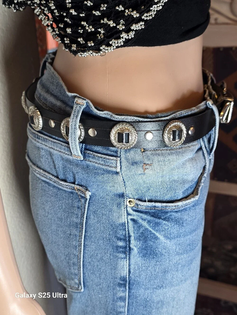Vintage Concho Black/Espresso Leather Belt with Silver Buckle Rare